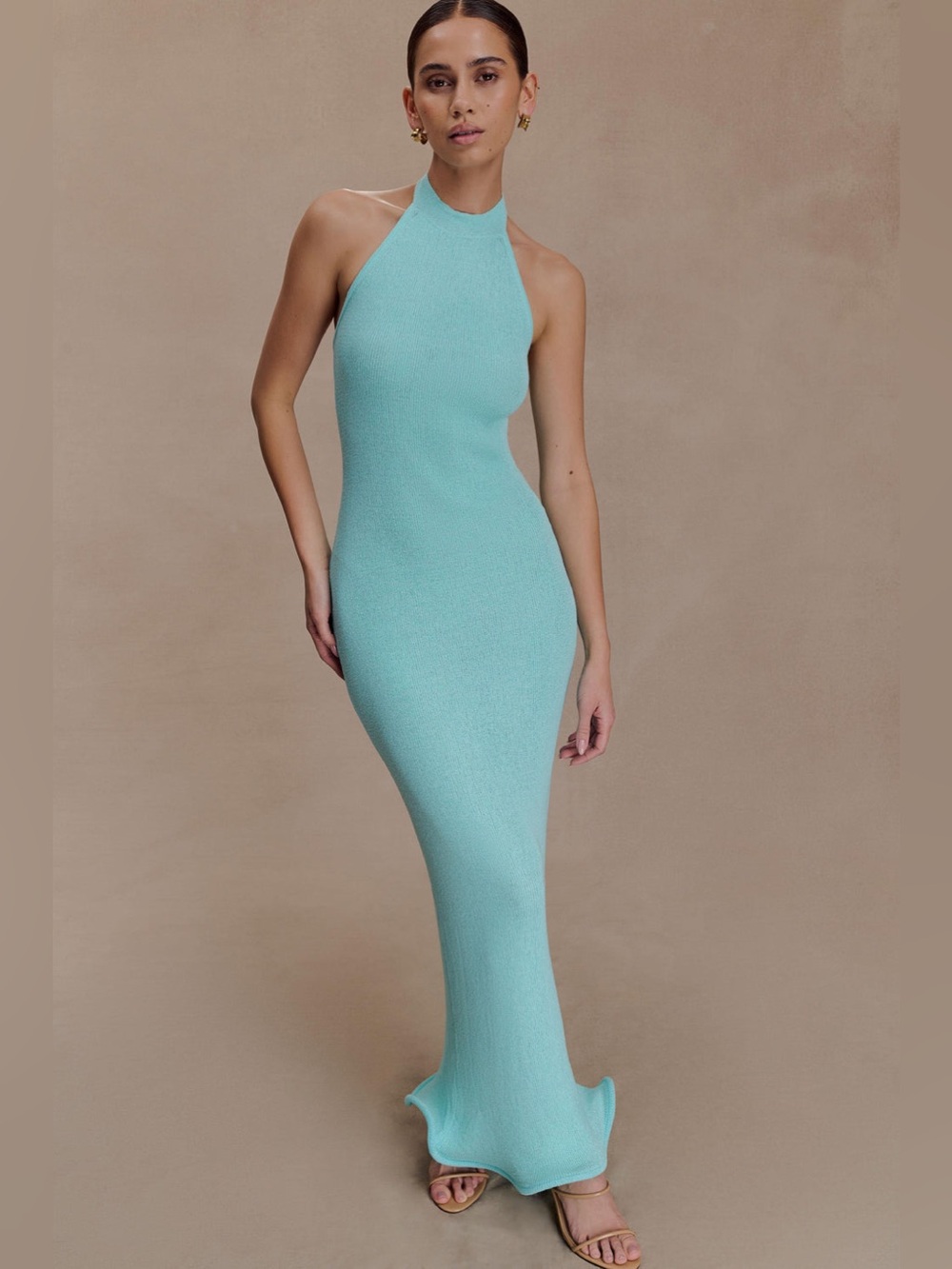 NWT MESHKI Melodie Halter Knit Maxi Dress Cyan Blue Size Large